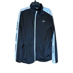 Reebok Mens Black Track Jacket Full Zip Logo Sleeve Stripes Athletic Large Read